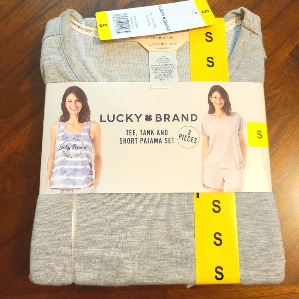 NWT Lucky Brand Women's 3 Piece Tee Tank & Short Pajama Lounge Set Gray Sz Small